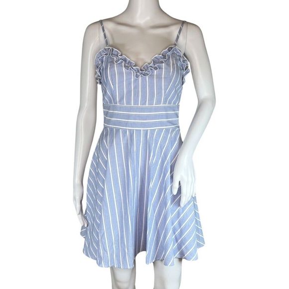 Trixxi Dress Women Small Blue White Striped Fit Flare Ruffle Wedding Guest Party - Picture 1 of 8